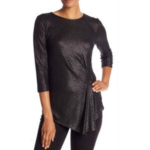 Vince Camuto Womens XS Metallic Black Ribbed 3/4 Sleeve Asymmetrical Hem Blouse